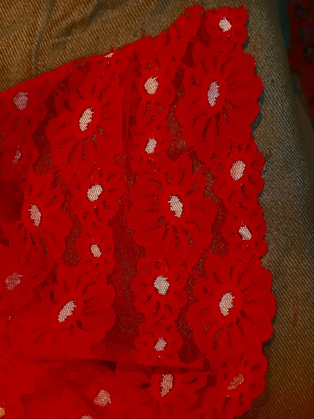 RED LACE FABRIC WITH WHITE DOTS &  SCALLOP EDGES EDGES